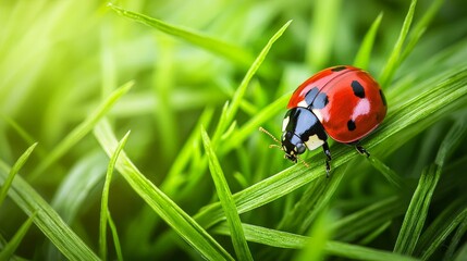Obraz premium A close-up of a vibrant red ladybug perched on green grass, showcasing its distinctive spots against a natural background.