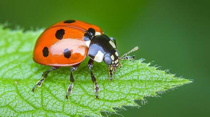 Fototapeta premium A vibrant ladybug with black spots sits atop a green leaf, showcasing its colorful body against a blurred background.