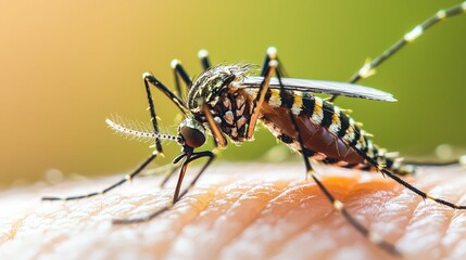 Fototapeta premium A close-up of a mosquito feeding on skin, showcasing its intricate structure and detailed features against a softly blurred background.