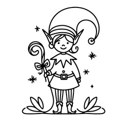 festive elf holding candy cane, perfect for Christmas-themed illustrations and holiday decor black vector