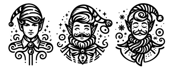 magical holiday elf portrait with winter floral accents, capturing the joy and wonder of Christmas black vector