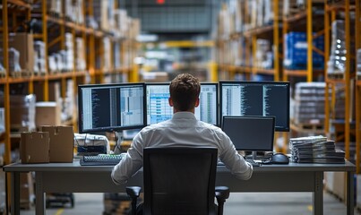 A logistics manager is seated at a desk focused on multiple computer screens while overseeing operations in a bustling warehouse filled with activity