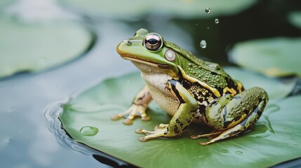 Obraz premium A green frog sitting on a lily pad in a serene water setting.