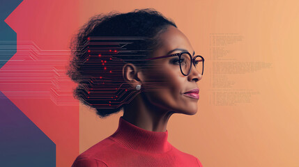 A woman AI researcher engages with intricate neural network visualizations surrounded by dynamic mathematical equations in a modern, minimalist workspace designed with bold colors