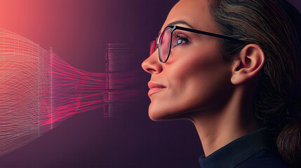 A woman specializing in AI research engages with intricate neural network visualizations, surrounded by floating mathematical equations and colorful data flows in a sleek workspace