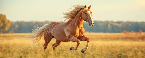 Obraz premium A majestic horse running through an open field under a sunset sky.