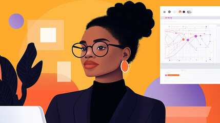 In a modern office setting, a woman blockchain developer focuses on complex cryptocurrency visualizations, exploring floating transaction flows and network maps with attention to detail