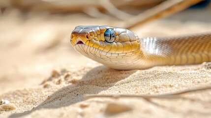Obraz premium Close-up of a snake resting on sandy ground, showcasing its vibrant colors.