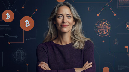 In a modern office, a blockchain developer engages with intricate cryptocurrency visualizations, analyzing floating transaction flows and network maps surrounded by bold geometric designs
