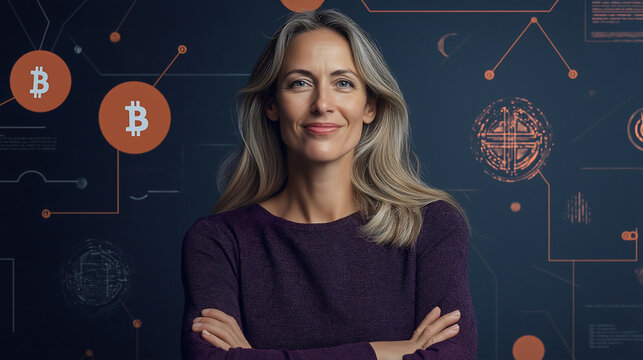 In a modern office, a blockchain developer engages with intricate cryptocurrency visualizations, analyzing floating transaction flows and network maps surrounded by bold geometric designs - Powered by Adobe