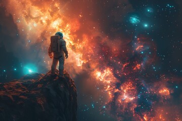 Fototapeta premium space adventurer on an extraterrestrial rock, gazing at a planet and starry expanse