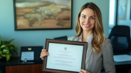 Smiling woman holding a diploma in a modern office setting with a world map.