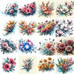 Flowers with water splash. AI generated illustration
