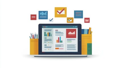 Fototapeta premium A modern businessman analyzing documents on a tablet, document page icons with a checkmark symbol hovering above the screen, depicting web app development and language features, flat vector style,