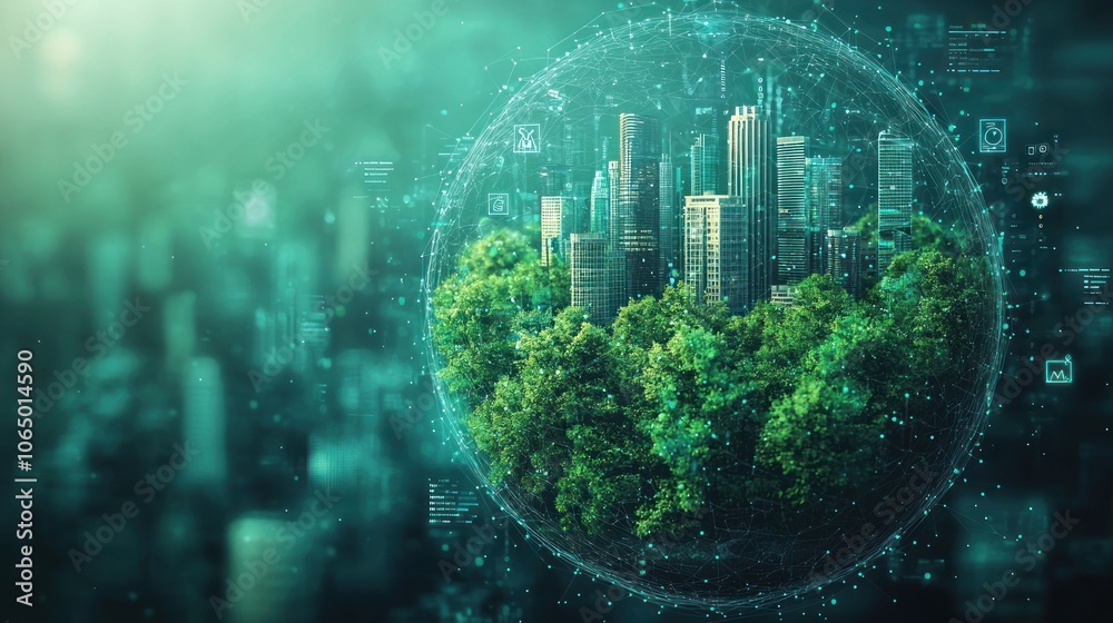Poster a cityscape encased in a digital network sphere surrounded by green trees