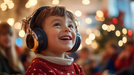A young child or preschooler with additional needs looks happy and relaxed wearing ear defenders or headphones at a Christmas party, wide landscape 16:9