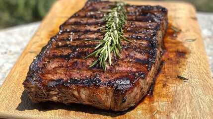 Grilled Steak with Fresh Rosemary on Cutting Board