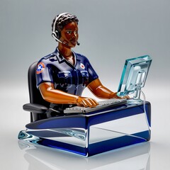 Glass sculpture of a professional EMS dispatcher in blue uniform at dispatch desk, symbolizing communication and emergency response, generative ai