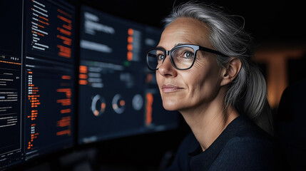A woman works as a DevOps engineer, actively monitoring system performance metrics and deployment pipelines in a sleek, modern operations center filled with vibrant data displays