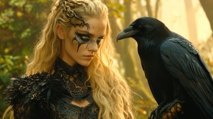 Obraz premium Blonde female warrior with intricate face paint and braids stares at a raven in a misty forest, evoking themes of mysticism and strength