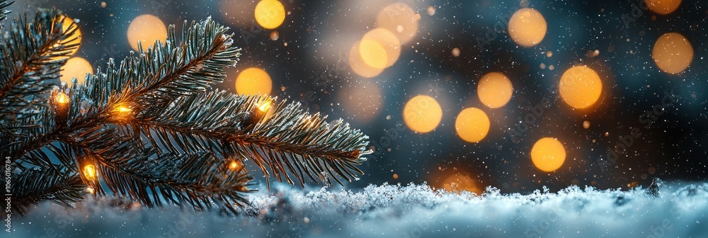 Poster Evergreen Branch with Lights and Snow Against a Bokeh Background