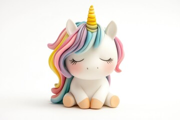 Naklejka premium A small toy unicorn sits on a white surface, ready for play or display