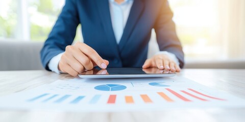Business professional analyzing data on tablet with financial reports.
