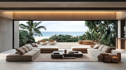 Obraz premium Modern living room in an attic with a large sofa and coffee table. Features a large rectangular window overlooking a private garden, with an aerial view of the sea and beach. 3D render.