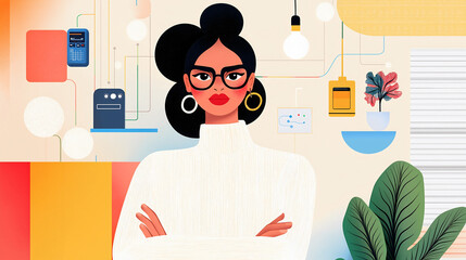 A talented woman in IoT is setting up smart home systems in a modern lab, surrounded by colorful devices and diagrams showcasing connectivity and functionality