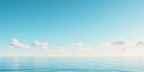 Fototapeta premium Calm ocean surface reflecting blue sky and fluffy clouds, serene and tranquil view.