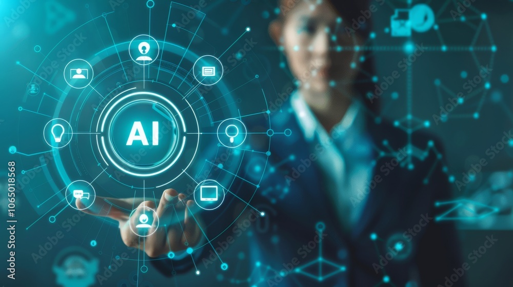 Poster a businesswoman interacts with a futuristic digital interface powered by ai technology, displaying g
