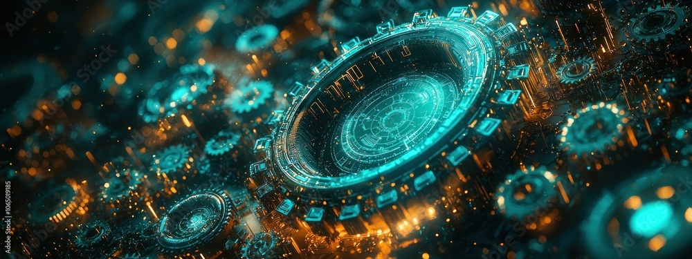 Poster abstract futuristic machinery with glowing cyan and orange elements