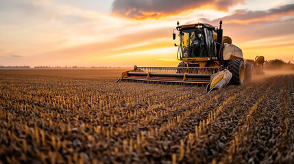 Fototapeta premium Combine harvester working in a golden field at sunset with dramatic sky and dust clouds rising behind the machinery, showcasing agricultural activities in rural landscape.