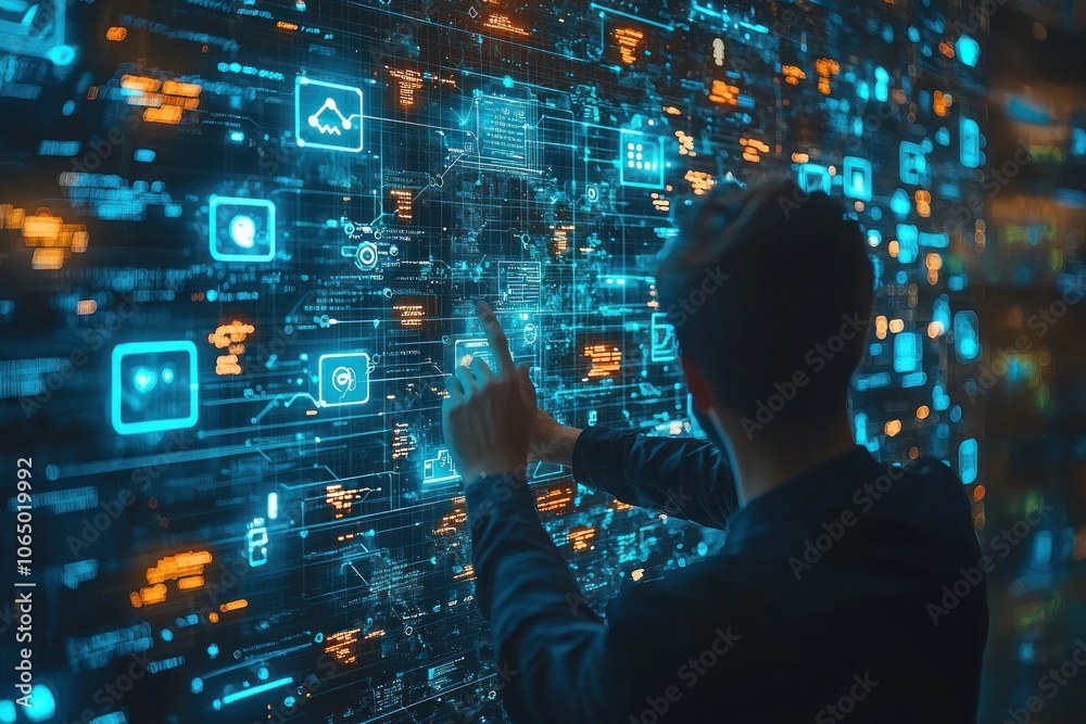 Aufkleber Person Interacting with a Holographic Interface Displaying Data