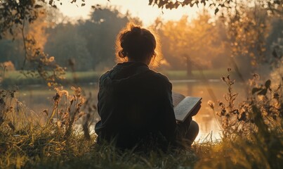 A person sits in nature, journaling thoughtful reflections using mental health prompts, focusing on the serene surroundings and their writing process