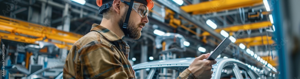 Poster an industrial engineer in a hard hat and safety glasses uses a tablet to inspect the assembly line i