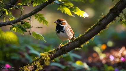 Eurasian Tree Sparrow Perched on a Mossy Cove, Perfect for Nature and Wildlife Publications