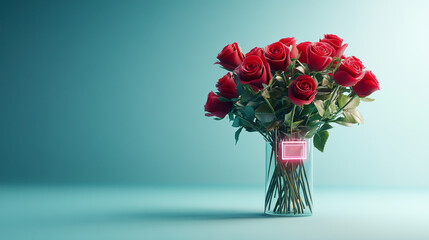 vibrant bouquet of red roses in clear glass vase, beautifully arranged against soft blue background