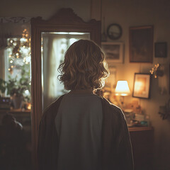 Fototapeta premium Young man with curly hair looking into a mirror