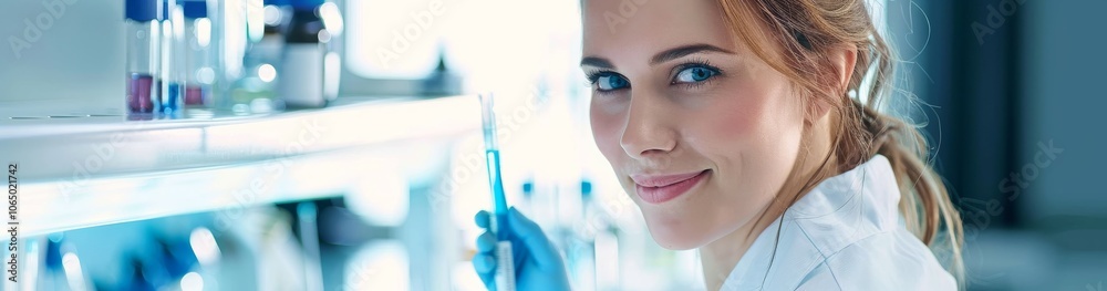 Poster a confident female scientist smiles while holding a pipette in a cutting-edge laboratory environment