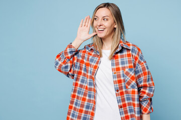 Young curious nosy woman she wear red shirt t-shirt casual clothes try to hear you overhear...