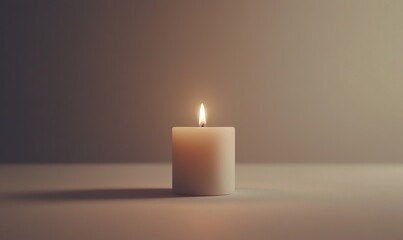 A photo-realistic image of a white candle with a single flame in a dim room.