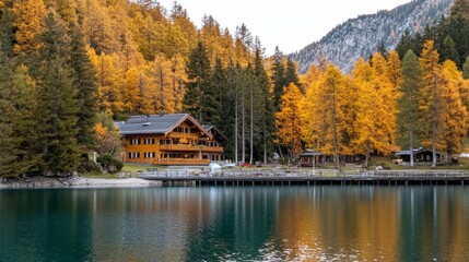 Fototapeta premium The beautiful fall season at Lago di Braies, a lake in the Bolzano region of Italy.