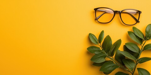 Glasses and green leaves on vibrant yellow background.