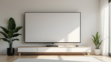 A 3D rendered TV screen mockup is positioned in a living room setting for display purposes