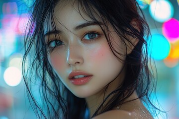 Naklejka premium Close-up Portrait of a Young Woman with Wet Hair and Makeup