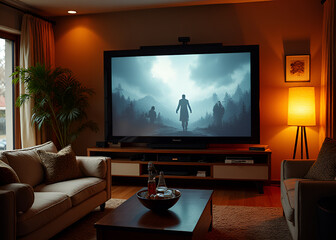 Fototapeta premium zy living room space with a large screen TV and comfortable seating for an immersive home entertainment experience in a warm inviting atmosphere