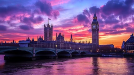Fototapeta premium A stunning sunset over the Houses of Parliament and Big Ben in London, with the River Thames flowing in the foreground.