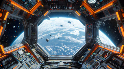 Fototapeta premium Bright spaceship interior with a view out a dark window