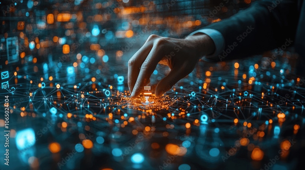 Aufkleber Hand Interacting with Digital Network of Connected Nodes and Symbols